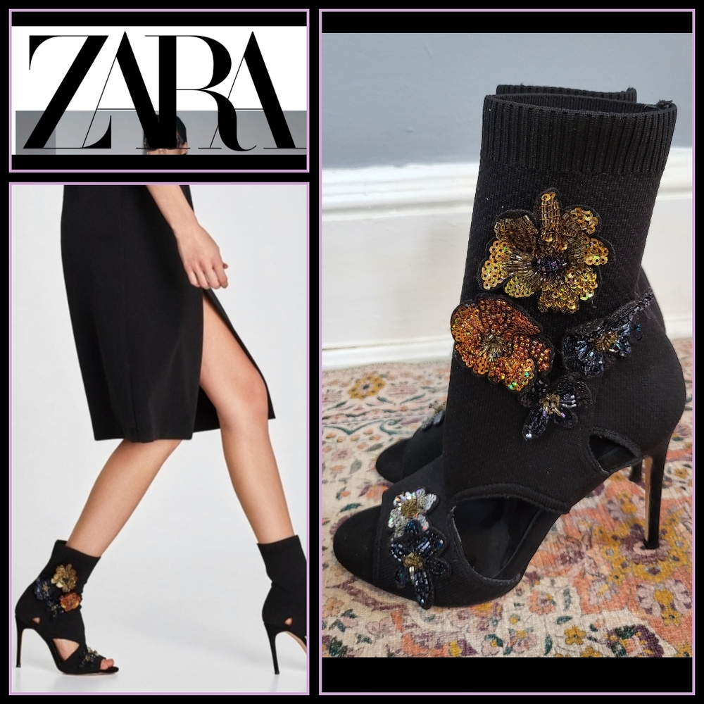 Zara Black Boot Size 7.5 (EU 38) Bead Embellished Women's Heels Sock Bootie